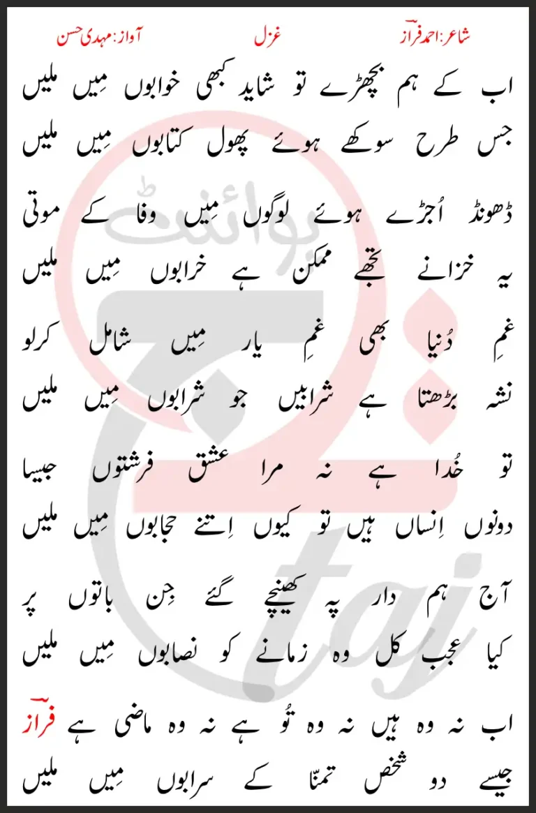 Ab Ke Hum Bichre Tu Shayad Kabhi Khowabon Mein Milein Lyrics In Urdu 2017
