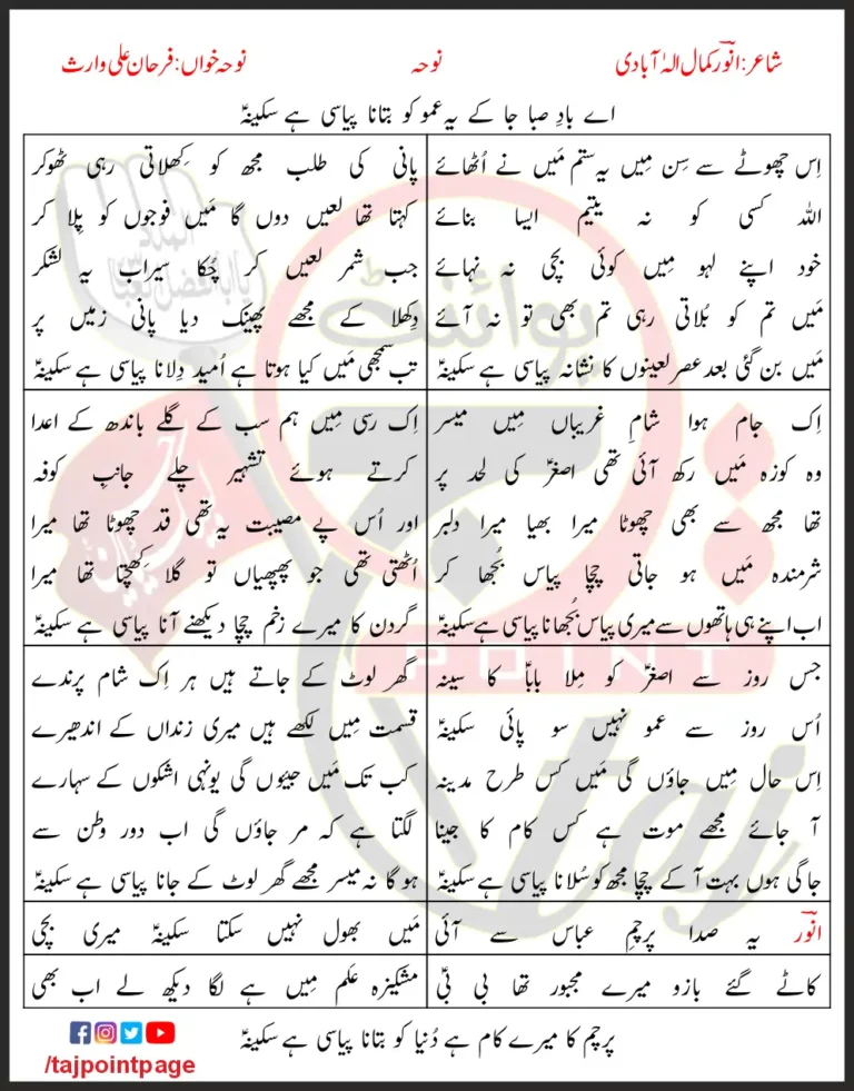 Aye Bad-e-Saba Ja Ke Ye Ammo Ko Batana Pyasi Hai Sakina Lyrics In Urdu 2016