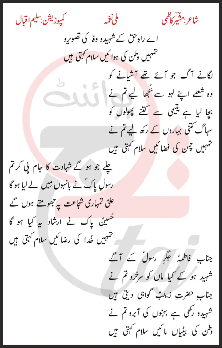 Aye Rah-e-Haq Ke Shaheedo Wafa Ki Tasveero Lyrics In Urdu 2017