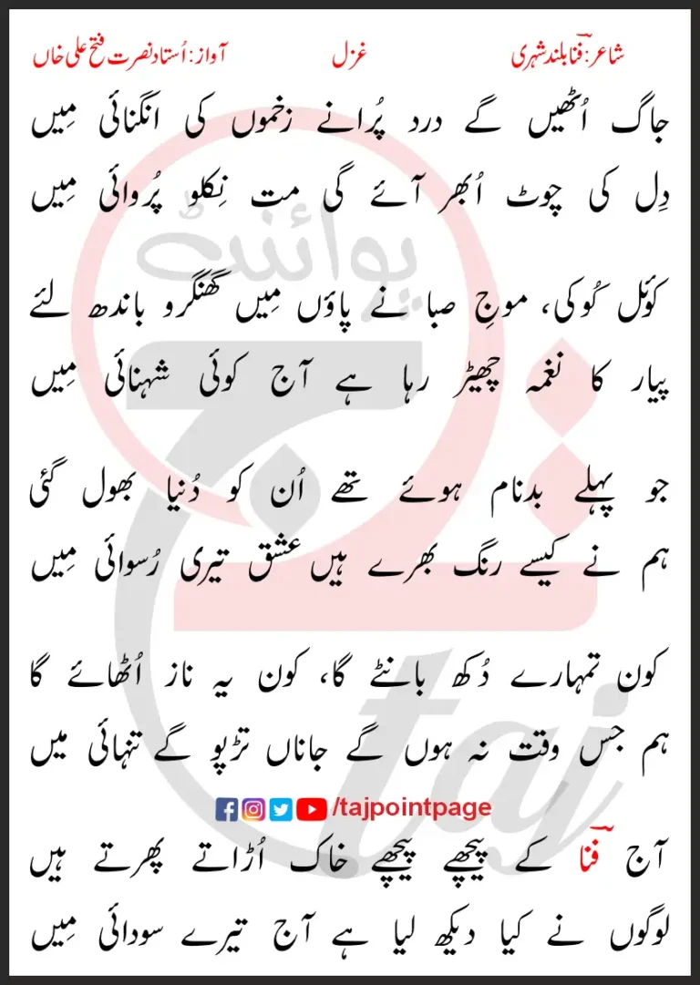 Jaag Uthein Gaye Dard Purane Zakhmo Ki Angnai Mein Lyrics In Urdu 2017