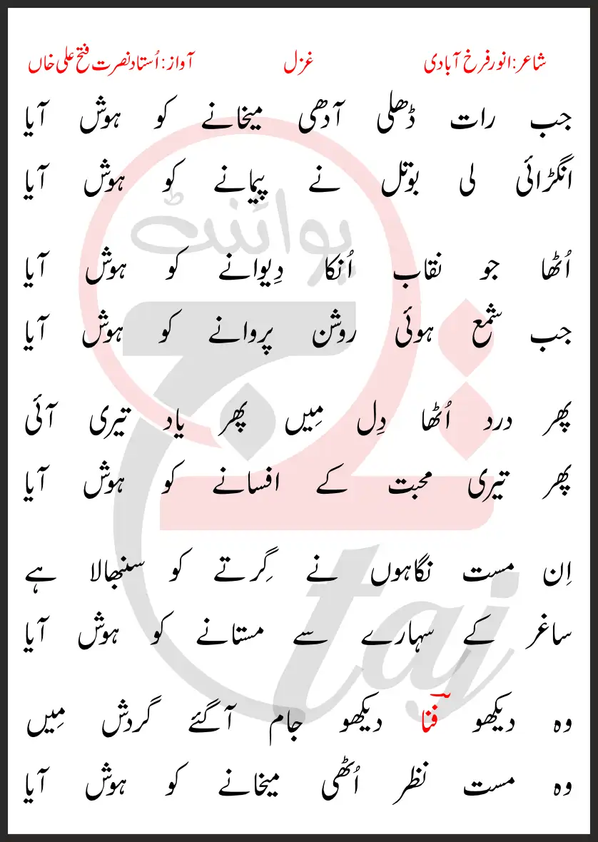 Jab Raat Dhali Aadhi Maikhane Ko Hosh Aaya Nusrat Fateh Ali Khan Lyrics In Urdu 2017 1 Jab Raat Dhali Aadhi Maikhane Ko Hosh Aaya Nusrat Fateh Ali Khan Lyrics In Urdu 2017