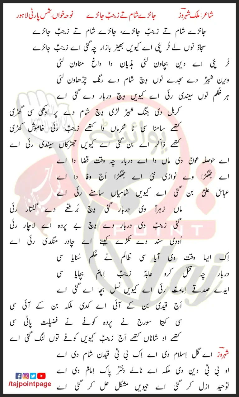 Jane Sham Te Zainab Jane Jane Lyrics In Punjabi 2017
