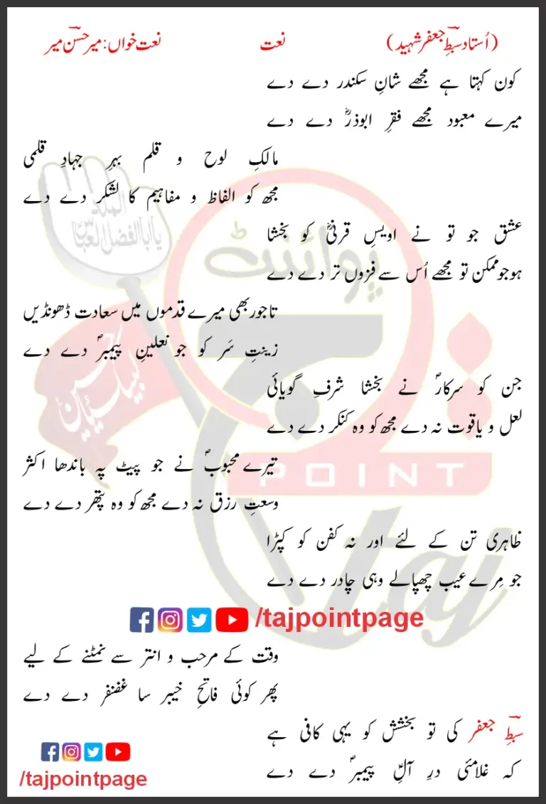 Kon Kehta Hai Mujhe Shan-e-Sikandar De De Lyrics in Urdu 2017