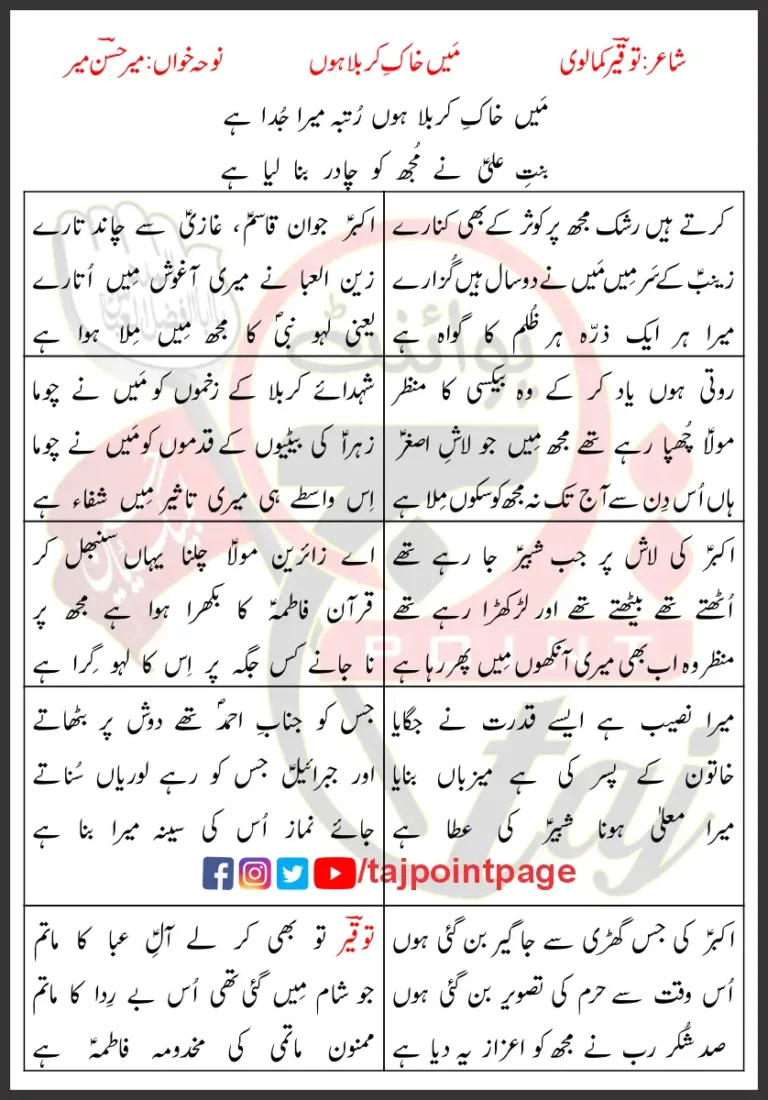 Main Khak-e-Karbala Hoon Rutba Mera Juda Hai Mir Hasan Mir Lyrics Urdu 2014