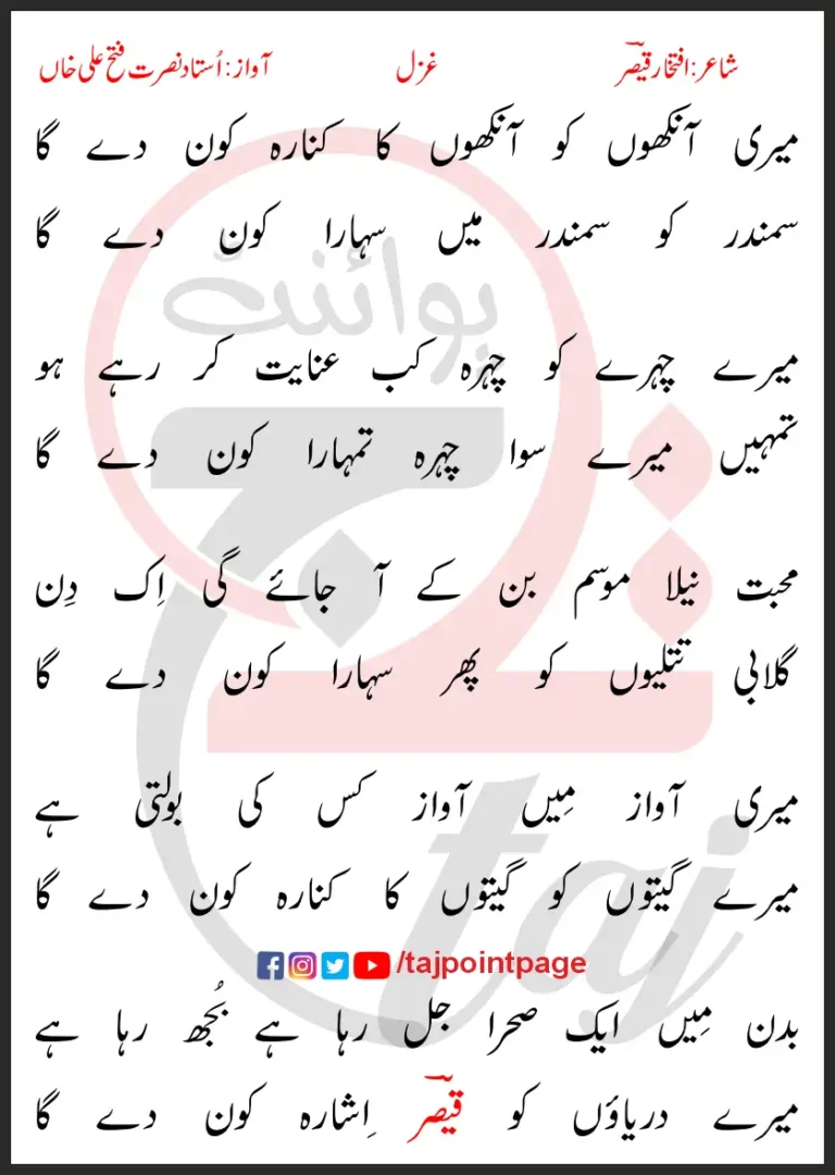 Meri Aankhon Ko Aankhon Ka Kinara Kon De Ga Lyrics In Urdu 2017