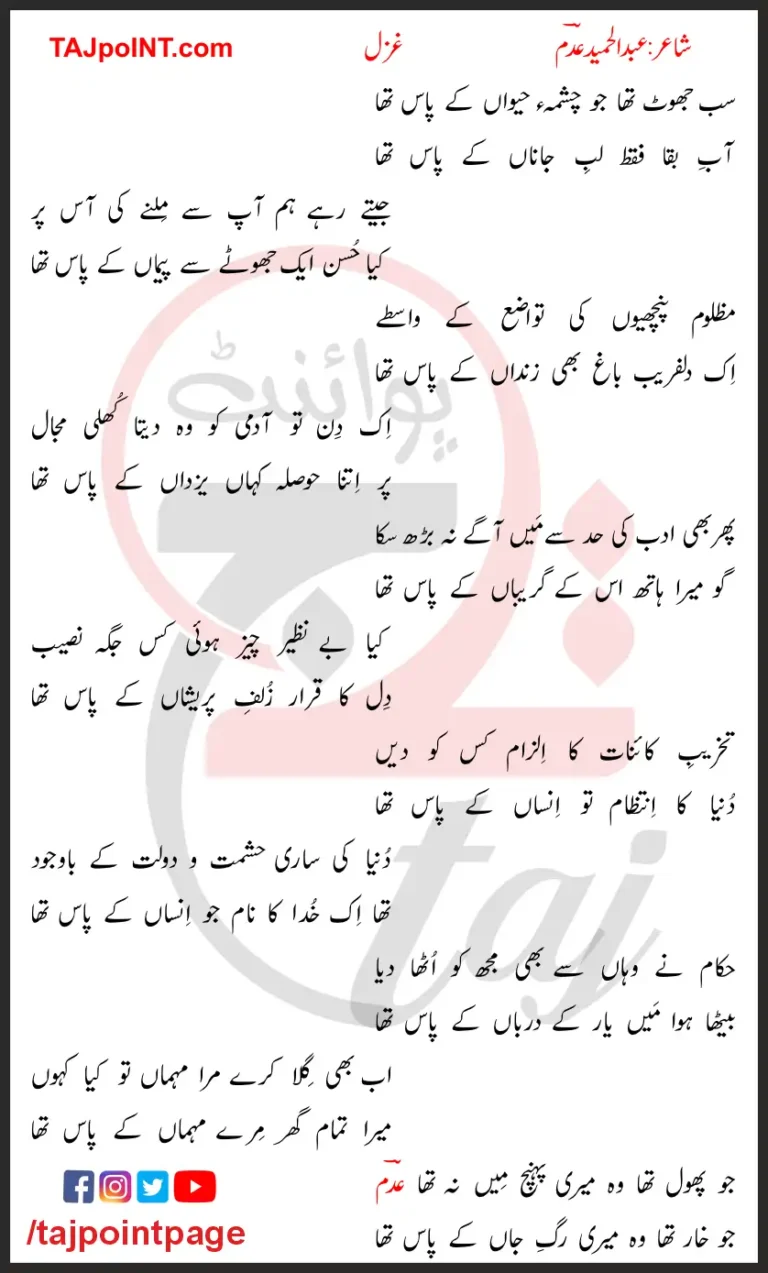 Sab Jhot Tha Jo Chashma-e-Haiwaan Ke Pass Tha Lyrics In Urdu 2017
