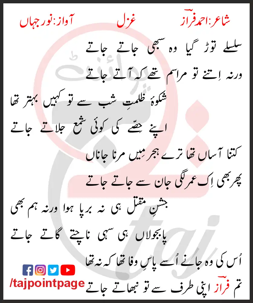 Silsile Tor Gaya Woh Sabhi Jaate Jaate Lyrics In Urdu 2017 1 Silsile Tor Gaya Woh Sabhi Jaate Jaate Lyrics In Urdu 2017
