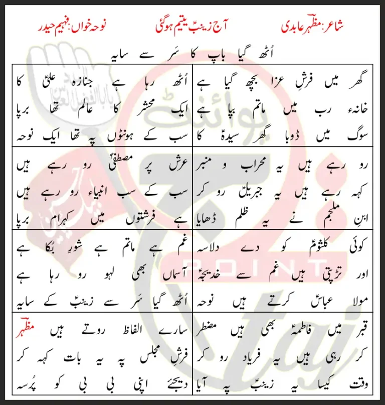 Uth Gaya Baap Ka Sir Se Saya Aaj Zainab Yateem Ho Gayi Lyrics In Urdu 2017