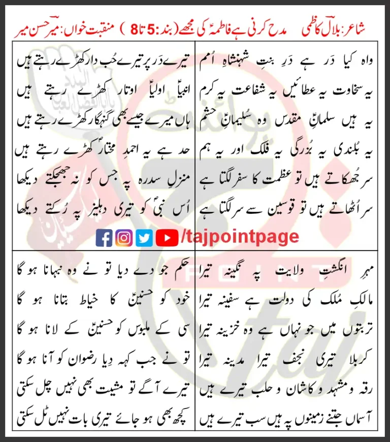 Ba Khuda Hakima-e-Kon-o-Makaan Hain Zahra 5-8 Lyrics in Urdu