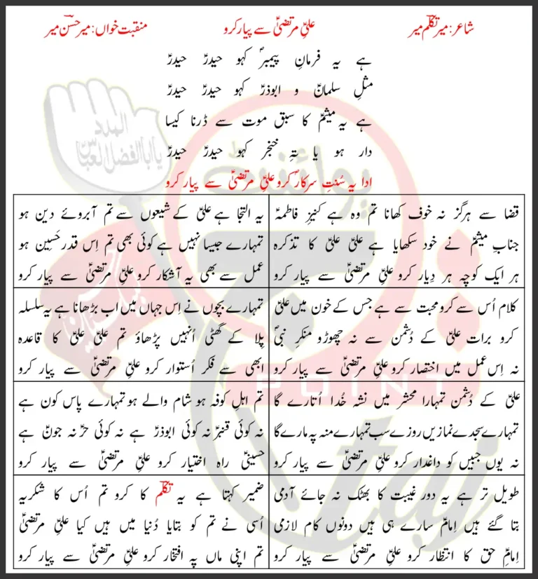 Ali-e-Murtaza Se Pyar Karo Mir Hasan Mir Lyrics Urdu 2017