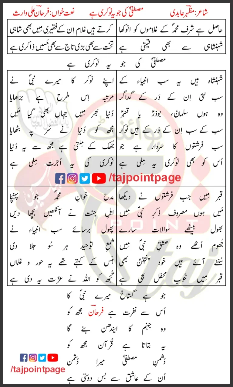 Mustafa Ki Jo Yeh Nokari Hai Naat Lyrics In Urdu 2017