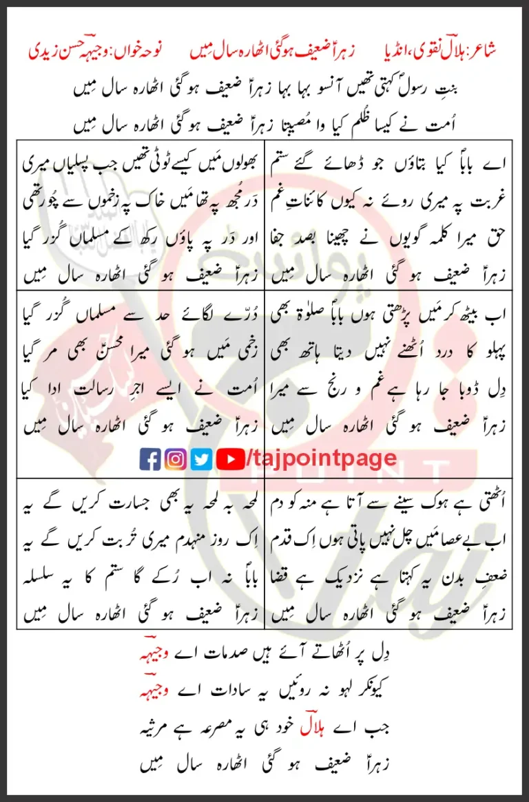 Bint-e-Rasool Kehti Thin Aanso Baha Baha Zahra Zaeef Ho Gayi Atharah Saal Mein Lyrics Urdu 2018