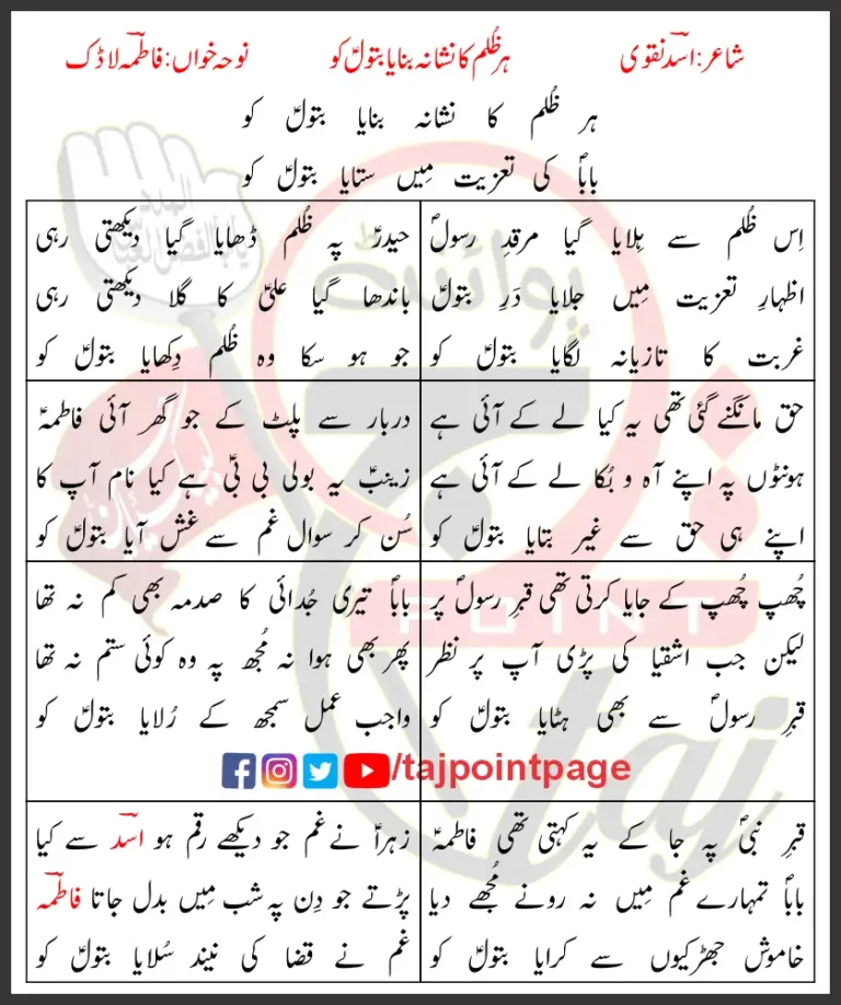 Har Zulm Ka Nishana Banaya Batool Ko Lyrics Urdu 2016