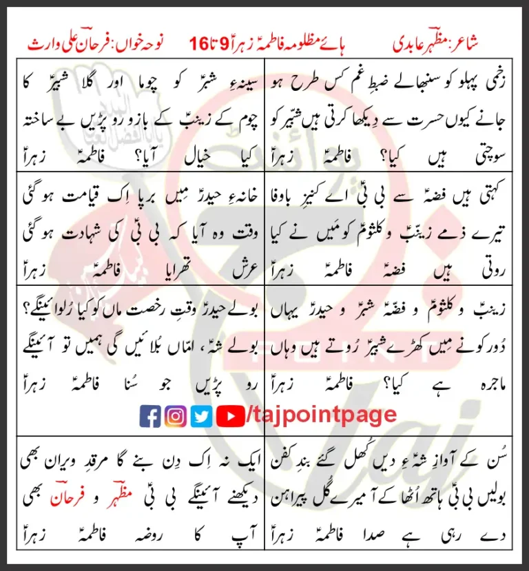 Haye Mazlooma Fatima Zahra 9-16 Lyrics In Urdu