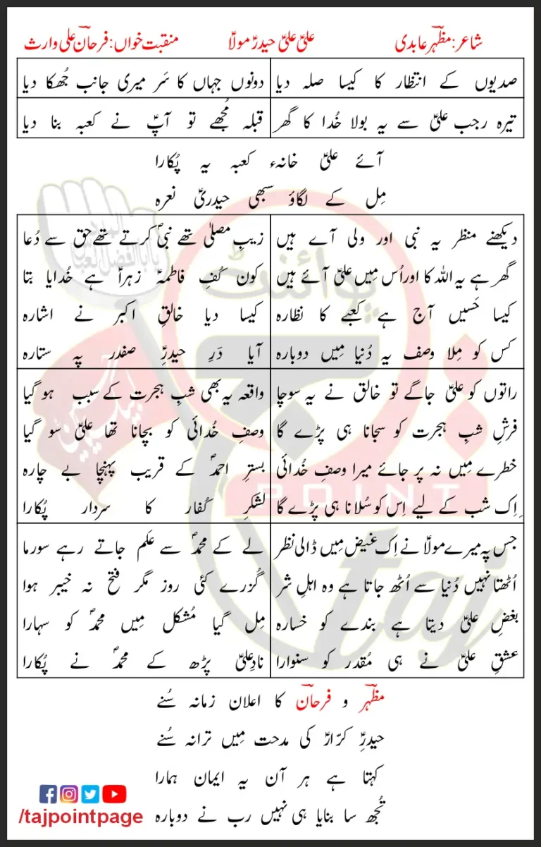 Ali Ali Mula Haider Mula Lyrics In Urdu 2017