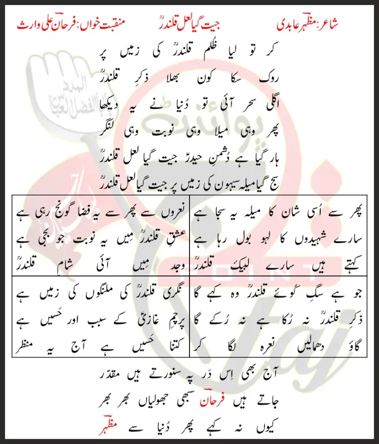 Jeet Gaya Lal Qalandar Lyrics In Urdu 2017