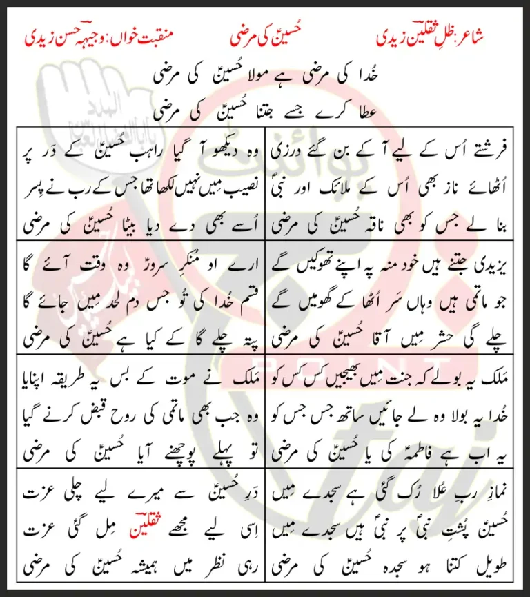 Khuda Ki Marzi Hai Mula Hussain Ki Marzi Lyrics In Urdu 2014