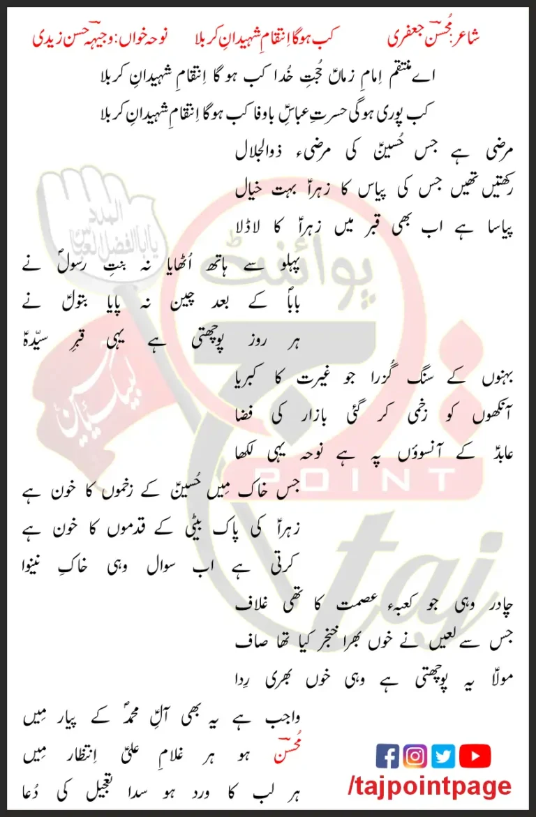 Aye Muntaqim Imam e Zamaan Hujjat e Khuda Kab Ho Ga Intiqam e Shaheedan e Karbala Lyrics In Urdu 2015