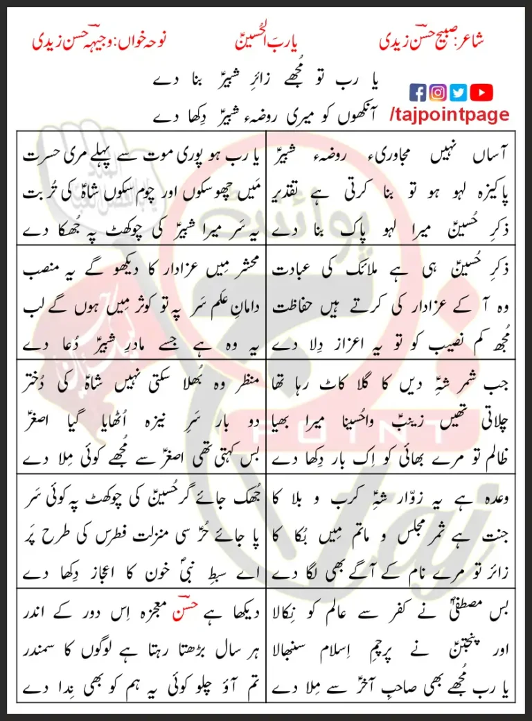 Ya Rabbal Hussain Lyrics In Urdu 2018