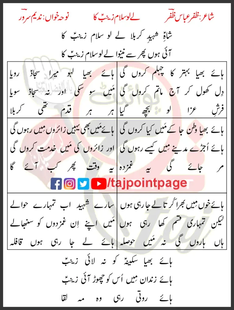 Le lo Salam Zainab Ka Nadeem Sarwar Lyrics In Urdu 2014