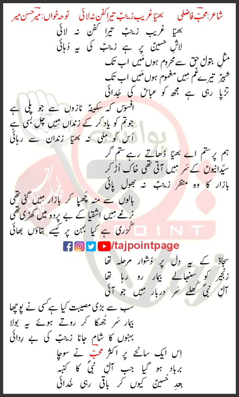 Bhaiya Ghareeb Zainab Tera Kafan Na Layi Lyrics Urdu 2006
