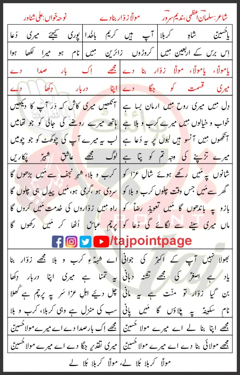 Maula Zawwar Bana Dey Lyrics in Urdu Ali Shanwar 2018