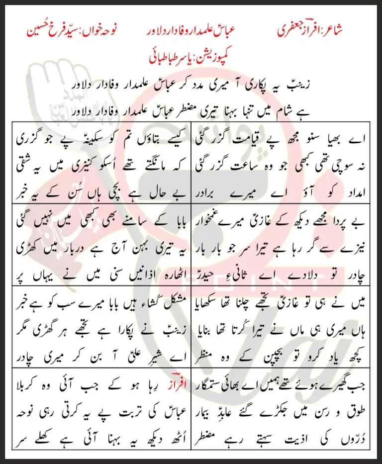 Zainab Yeh Pukari Aa Meri Madad Kar Abbas Alamdar Wafadar Dilawar Lyrics in Urdu 2019