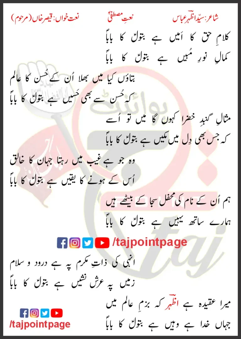 Kalam-e-Haq Ka Ameen Hai Batool Ka Baba Lyrics In Urdu 2019