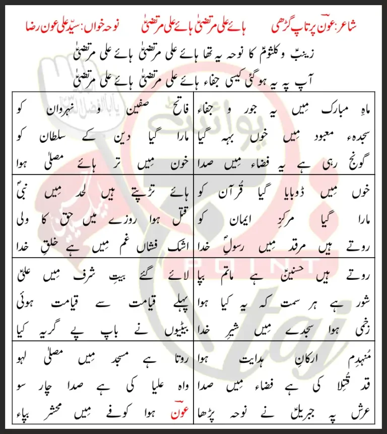 Haye Ali Murtaza Lyrics In Urdu Syed Aliown Raza 2020-21