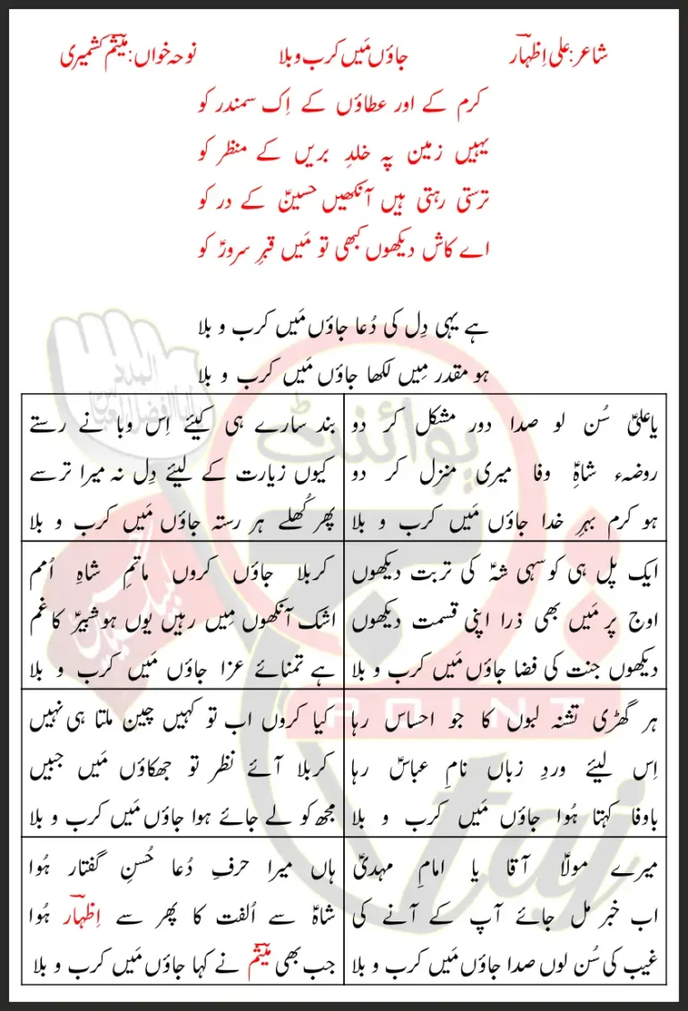 Jaon Main Karbobala Lyrics In Urdu 2020