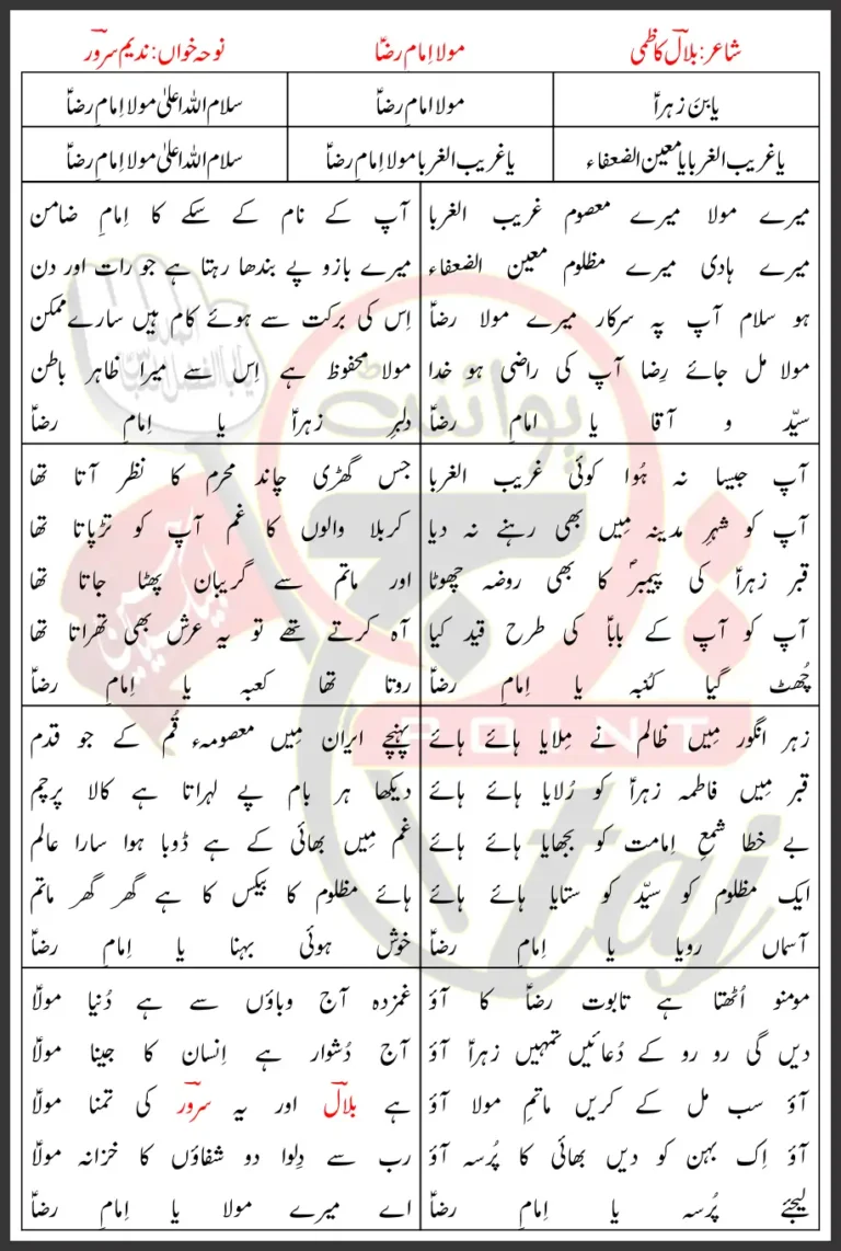 Maula Imam e Raza Lyrics In Urdu Nadeem Sarwar 2020