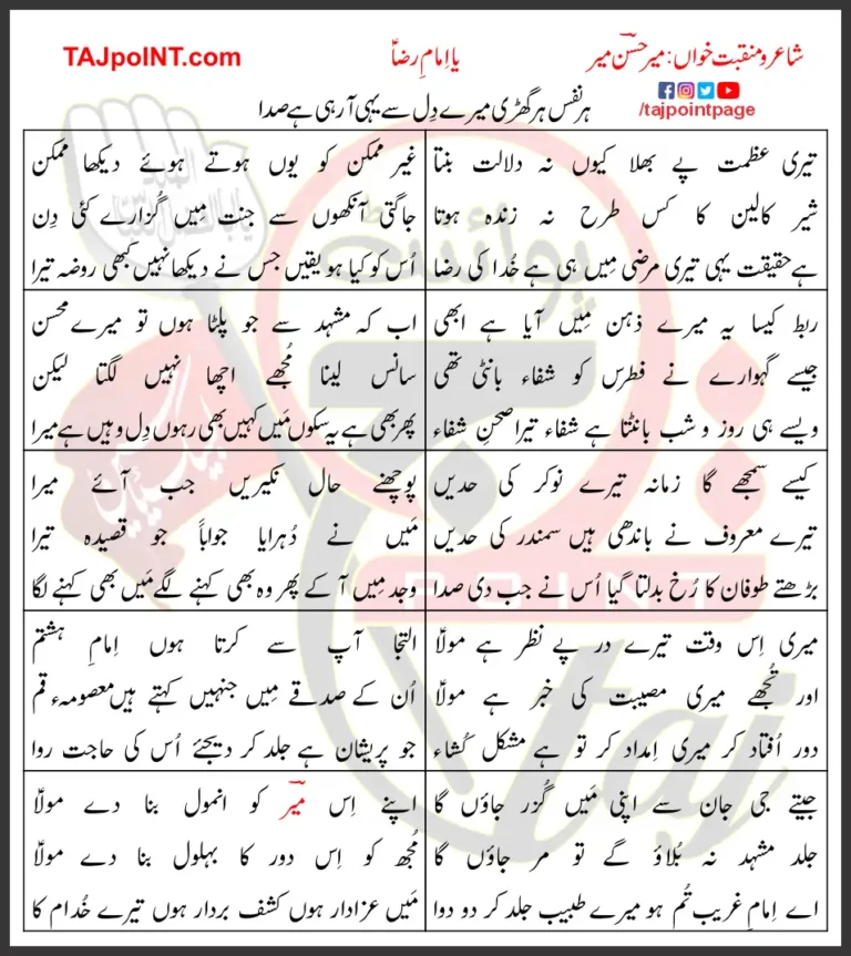 Ya Imam e Raza Lyrics In Urdu Mir Hasan Mir 2008