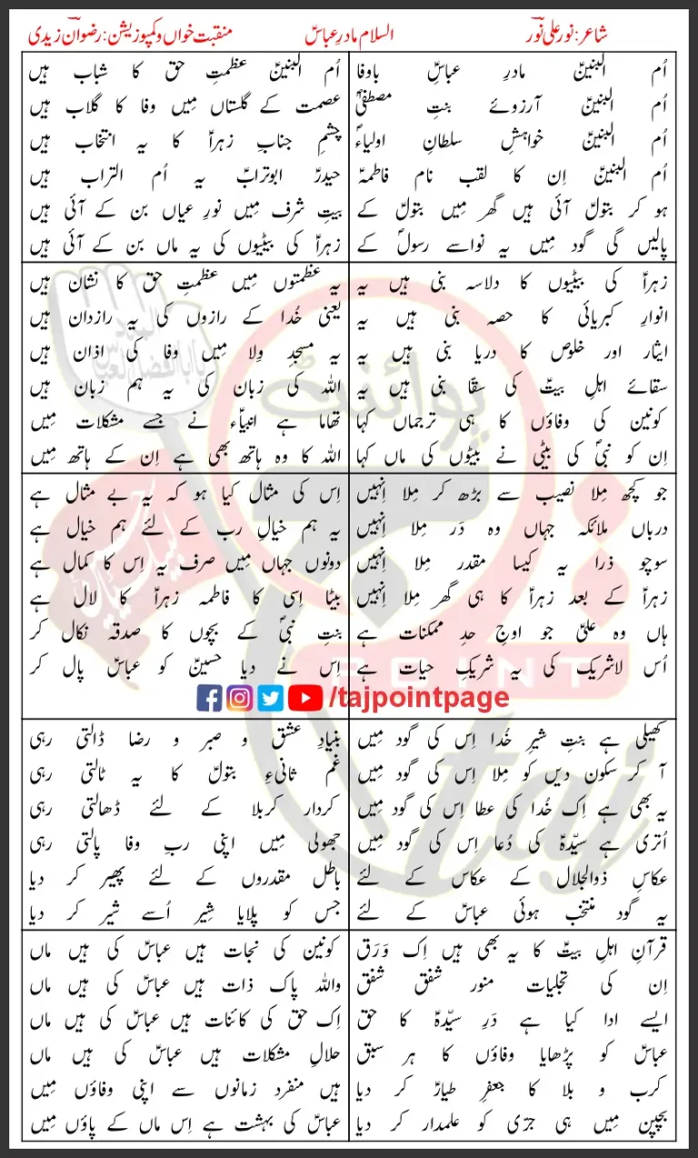 Madar e Abbas Lyrics In Urdu Rizwan Zaidi 2021