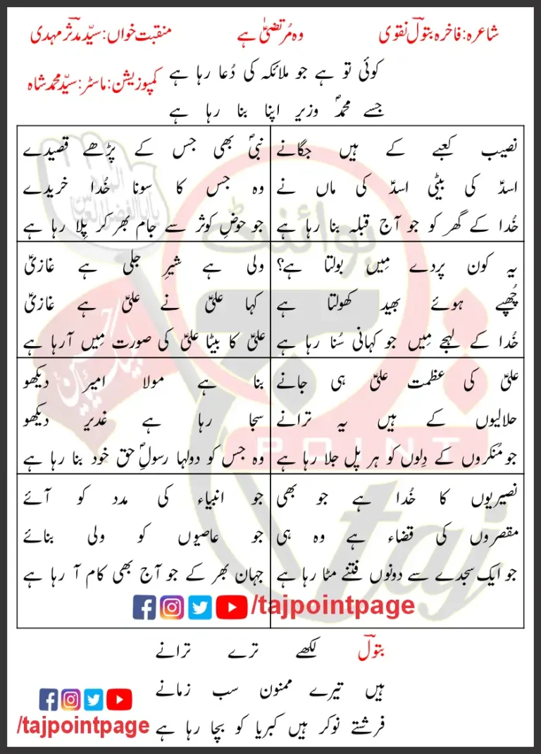 Woh Murtaza Hai Syed Mudassir Mehdi Lyrics In Urdu 2021