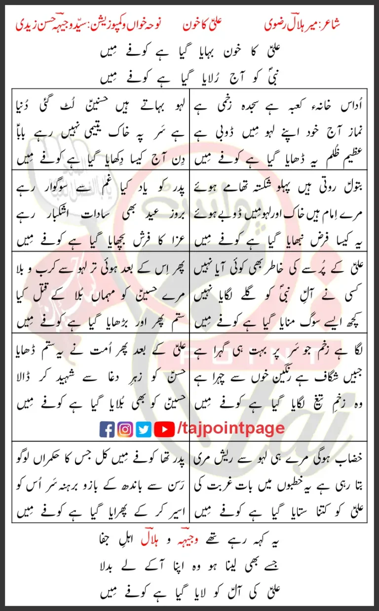 Ali Ka Khon Wajhi Hasan Zaidi Lyrics Urdu 2021