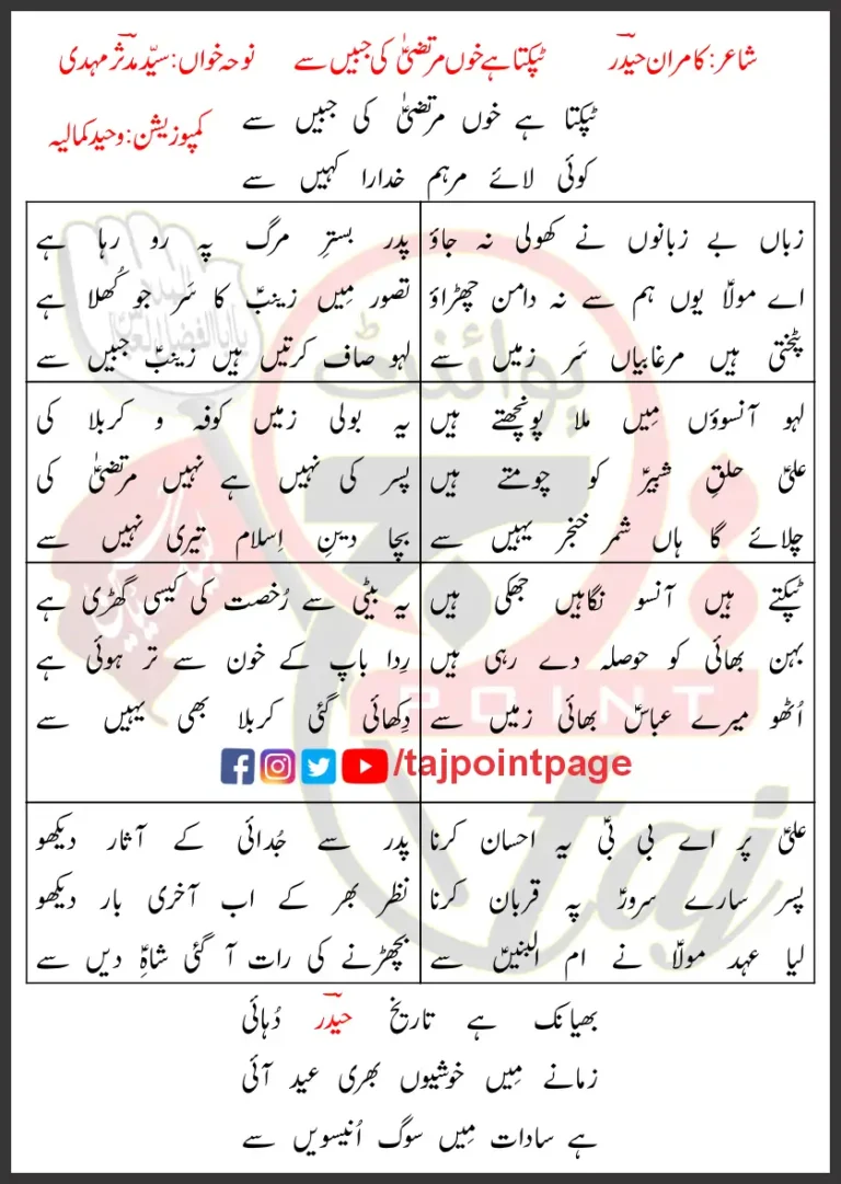 Tapakta Hai Khoon Murtaza Ki Jabeen Se Syed Mudassir Mehdi Lyrics Urdu 2021
