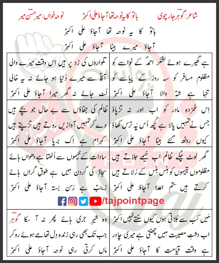 Bano Ka Yeh Noha Tha Aa Jao Ali Akbar Mir Hasan Mir Lyrics Urdu 2003