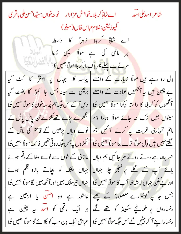 Aye Shahe Karbala Khwahish e Azadar Syed Ahsan Abbas Baquri Lyrics In Urdu 2021