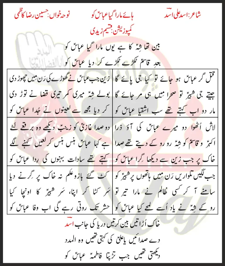 Haye Mara Gaya Abbas Ko Hussain Raza Kazmi Lyrics In Urdu 2021