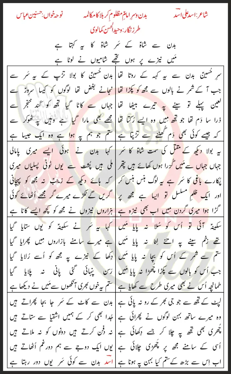 Sar o Badan Imam e Mazloom e Karbala Ka Mukalma Hasnain Abbas Lyrics In Urdu 2021