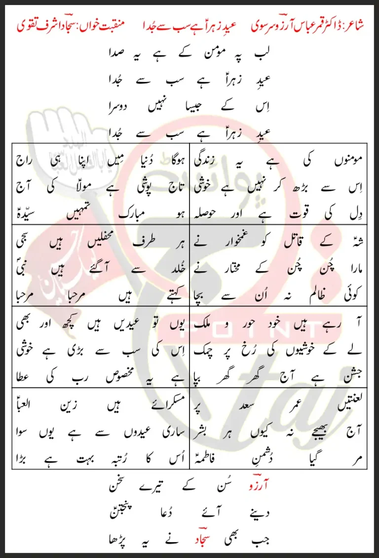 Eid E Zahra Hai Sab Se Juda Sajjad Ashraf Taqvi Lyrics In Urdu 2021