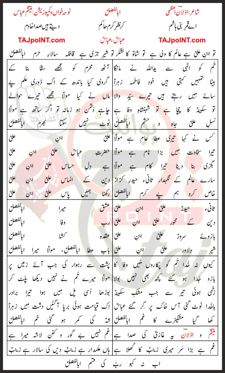 Abal Fazl Mesum Abbas Lyrics In Urdu 2021