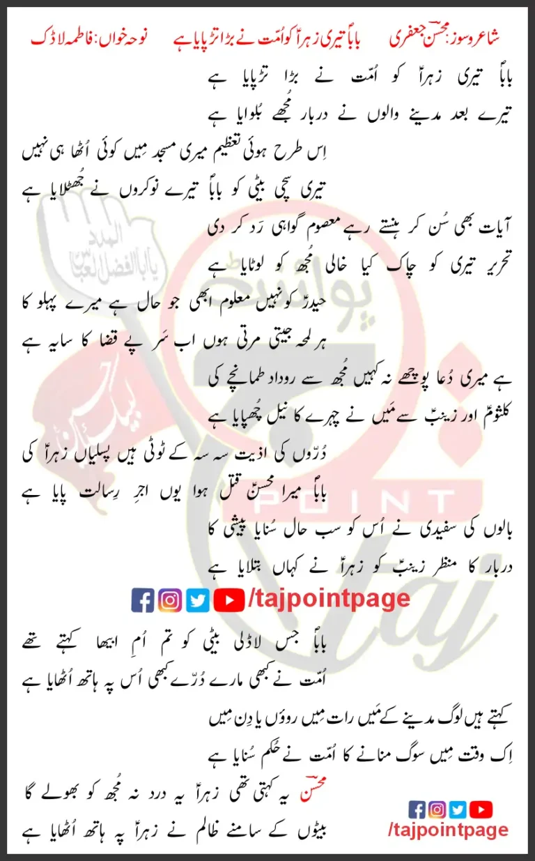Baba Teri Zahra ko Ummat Ne Bara Tarpaya Hai Fatemah Ladak Lyrics Urdu 2022