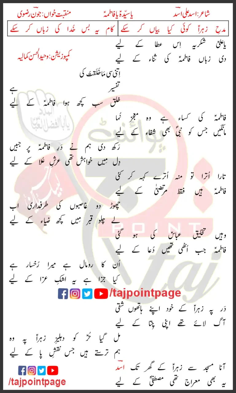 Ya Syeda Ya Fatima Joan Rizvi Lyrics In Urdu 2022