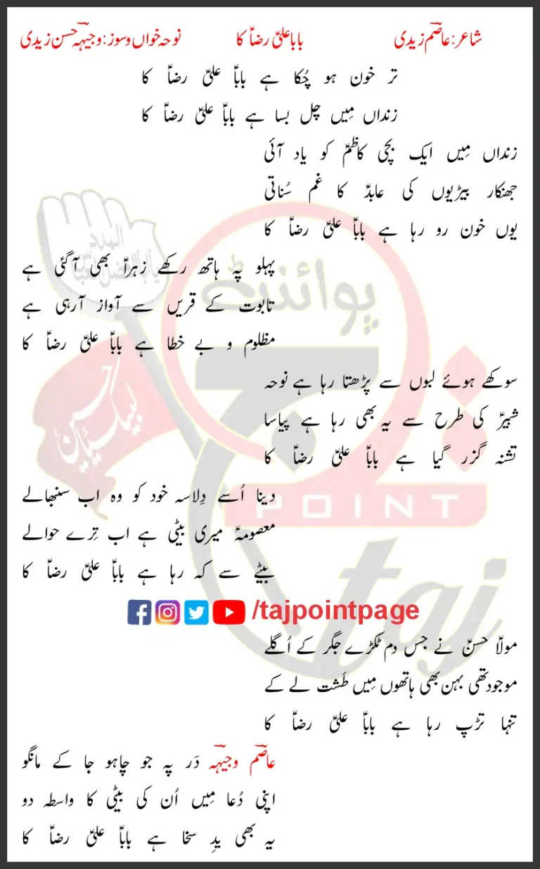 Baba Ali Raza Ka Syed Wajhi Hasan Lyrics Urdu 2022