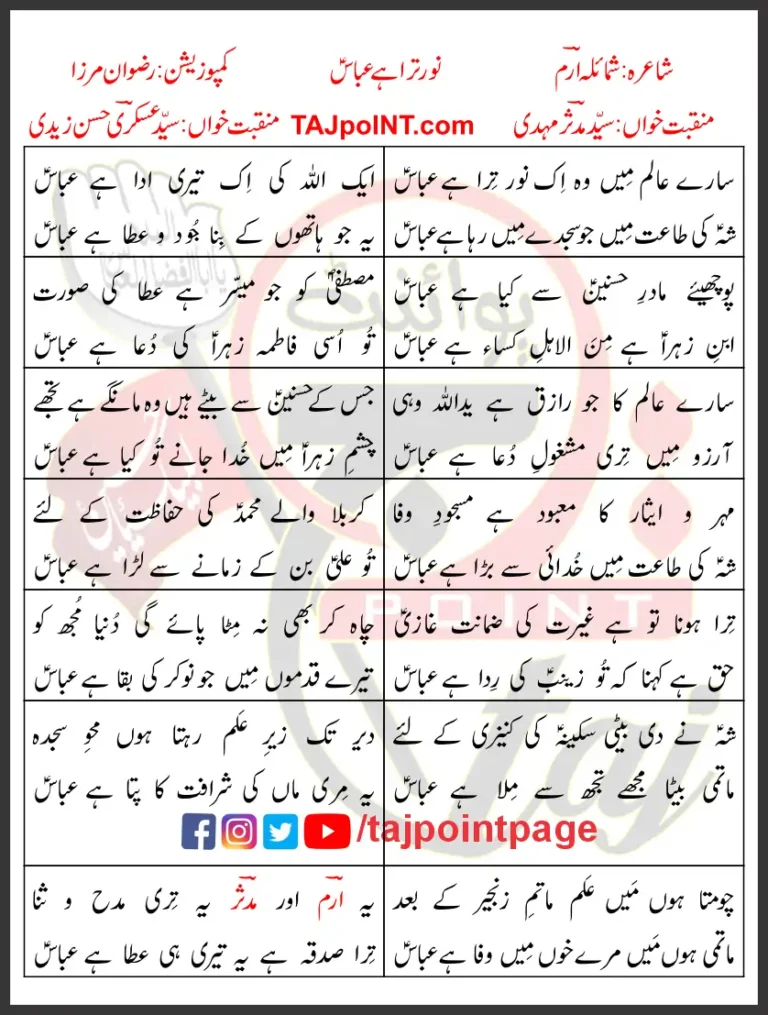 Noor Tera Hai Abbas Lyrics in Urdu Syed Mudassir Mehdi Syed Askari Hasan Zaidi 2022