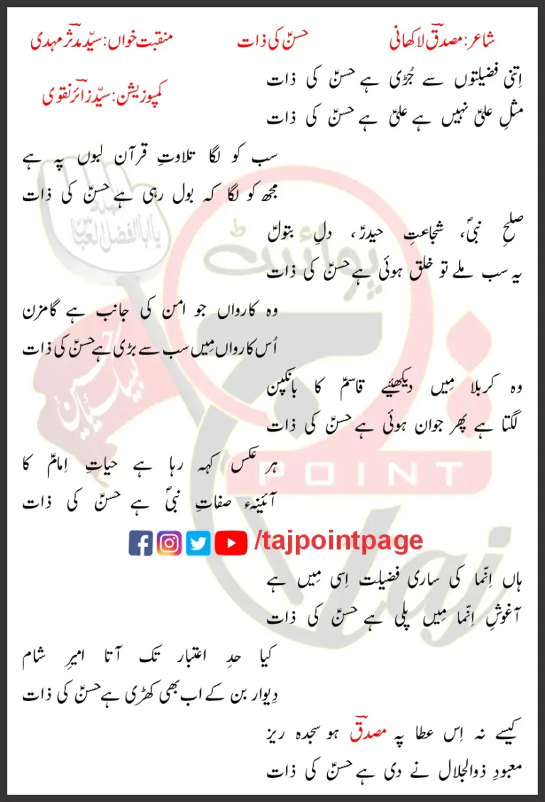 Hasan Ki Zaat Syed Mudassir Mehdi Lyrics In Urdu 2022