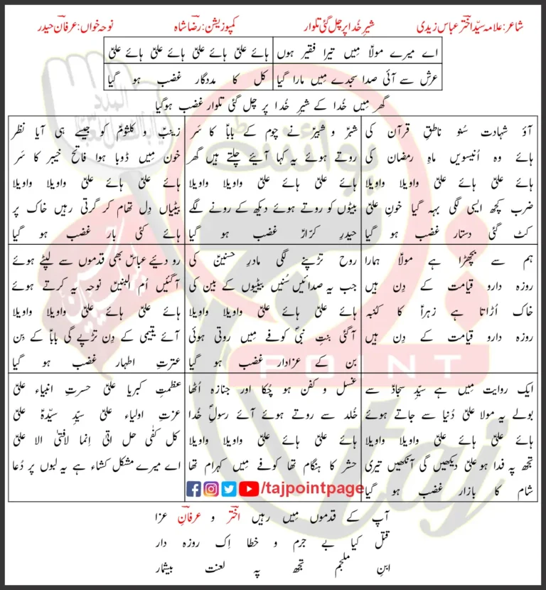 Sher e Khuda Par Chal Gai Talwar Syed Irfan Haider Lyrics Urdu 2021