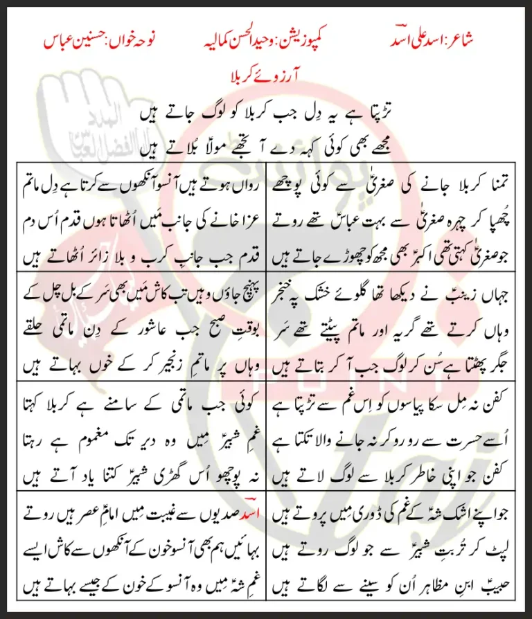 Arzoo e Karbala Hasnain Abbas Lyrics In Urdu 2022