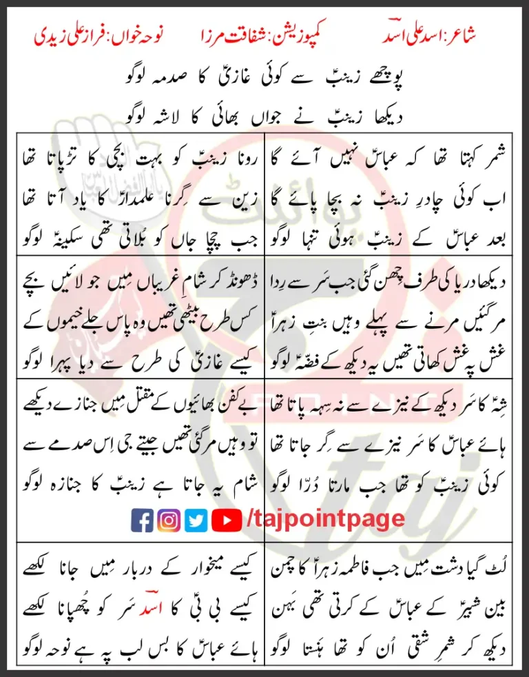 Pochy Zainab Sy Koi Faraz Ali Zaidi Lyrics Urdu 2022